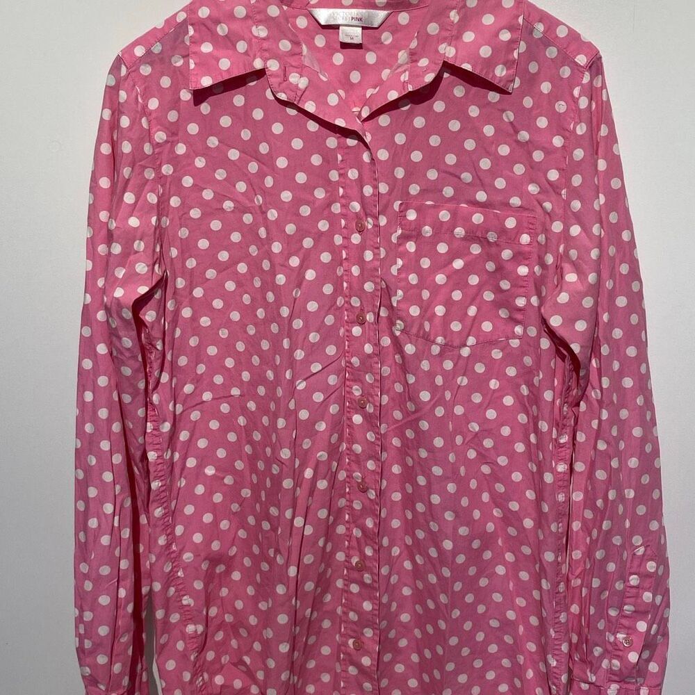 PINK Victoria's Secret Womens Pink White Polka Dot Long Sleeve Pajama Top Medium